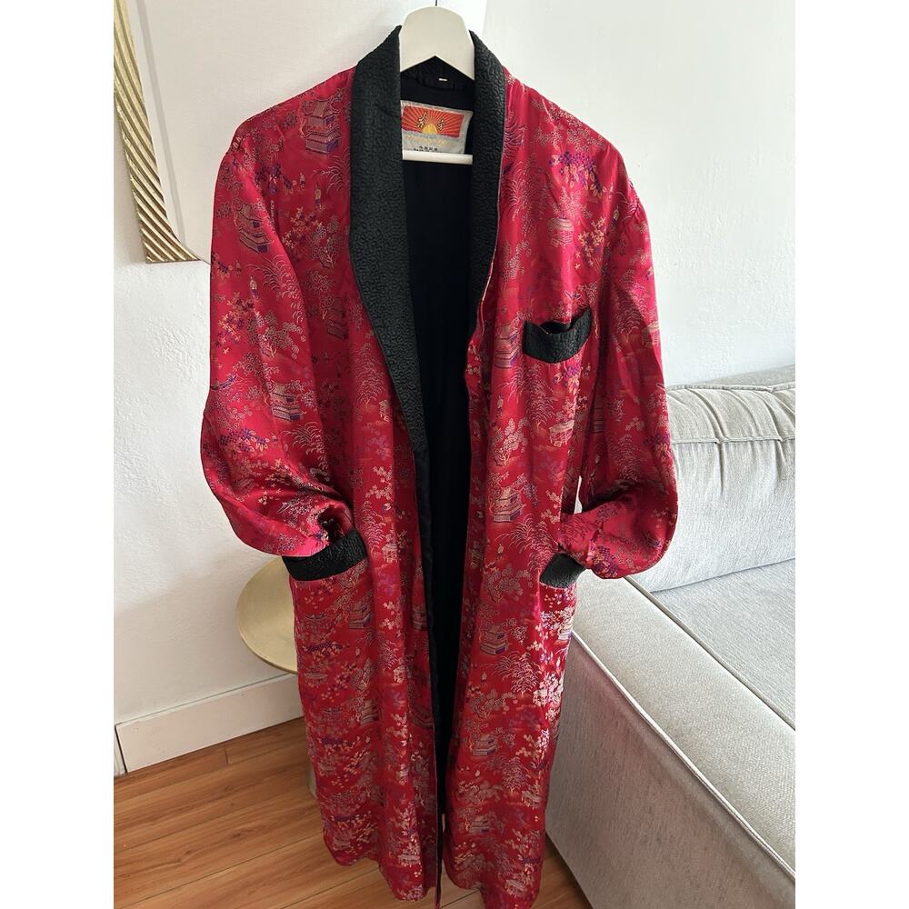 Vtg 60s Oriental Satin Smoking Brocade Kimono Robe Size 48
